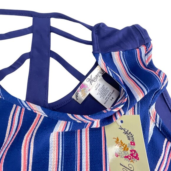 Magenta Girls Navy Striped Twist Hem Tank Top w/ Cage Back Size L NWT - Picture 4 of 7